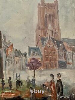 Old Oil Painting The Belfry of Béthune Lively Square Flags Figurative Signed