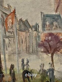 Old Oil Painting The Belfry of Béthune Lively Square Flags Figurative Signed