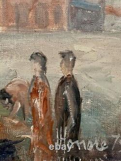 Old Oil Painting The Belfry of Béthune Lively Square Flags Figurative Signed