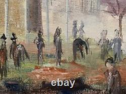 Old Oil Painting The Belfry of Béthune Lively Square Flags Figurative Signed