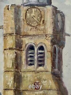 Old Oil Painting The Belfry of Béthune Lively Square Flags Figurative Signed