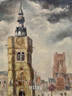 Old Oil Painting The Belfry of Béthune Lively Square Flags Figurative Signed
