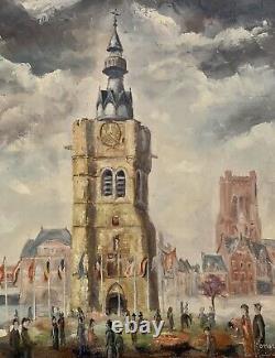 Old Oil Painting The Belfry of Béthune Lively Square Flags Figurative Signed
