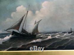 Old Oil Painting XIX Th Marine Boats In Its Gilded Frame