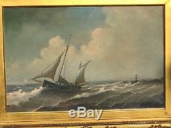 Old Oil Painting XIX Th Marine Boats In Its Gilded Frame