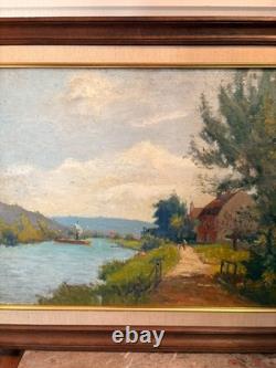 Old Oil Painting by Georges Le Meilleur, House on the Marne, Impressionism