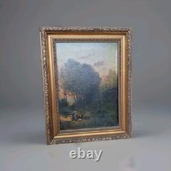 Old Oil Painting on Canvas, 19th-Century Landscape. Peasant Washerwomen