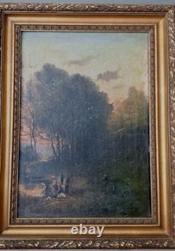 Old Oil Painting on Canvas, 19th-Century Landscape. Peasant Washerwomen