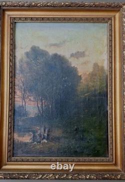 Old Oil Painting on Canvas, 19th-Century Landscape. Peasant Washerwomen