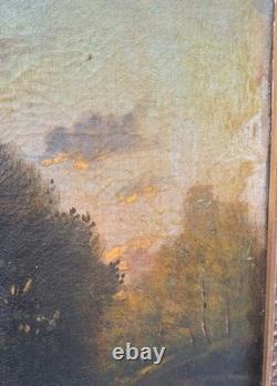 Old Oil Painting on Canvas, 19th-Century Landscape. Peasant Washerwomen