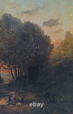 Old Oil Painting on Canvas, 19th-Century Landscape. Peasant Washerwomen