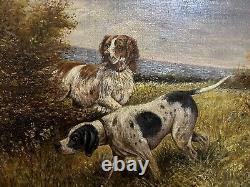 Old Oil Painting on Canvas 19th Century Signed Landscape of Hunting Dogs