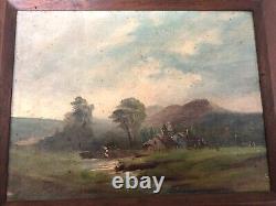Old Oil Painting on Canvas Fine Arts. Landscape of a Farm
