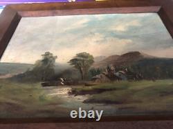 Old Oil Painting on Canvas Fine Arts. Landscape of a Farm