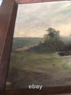 Old Oil Painting on Canvas Fine Arts. Landscape of a Farm
