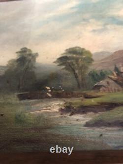 Old Oil Painting on Canvas Fine Arts. Landscape of a Farm