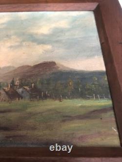 Old Oil Painting on Canvas Fine Arts. Landscape of a Farm