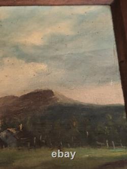 Old Oil Painting on Canvas Fine Arts. Landscape of a Farm