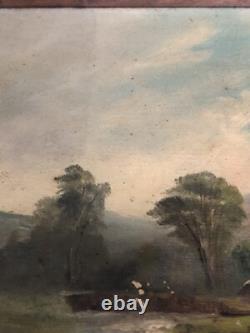 Old Oil Painting on Canvas Fine Arts. Landscape of a Farm