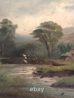 Old Oil Painting on Canvas Fine Arts. Landscape of a Farm