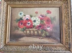 Old Oil Painting on Canvas, Framed, Brucy, 19th Century, Anemone Bouquet