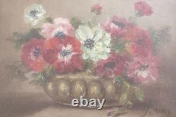 Old Oil Painting on Canvas, Framed, Brucy, 19th Century, Anemone Bouquet