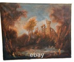 Old Oil Painting on Canvas Landscape with Ruins and Figures 121x98 cm