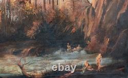 Old Oil Painting on Canvas Landscape with Ruins and Figures 121x98 cm