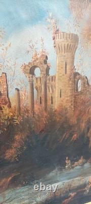 Old Oil Painting on Canvas Landscape with Ruins and Figures 121x98 cm