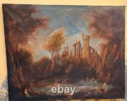Old Oil Painting on Canvas Landscape with Ruins and Figures 121x98 cm