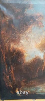 Old Oil Painting on Canvas Landscape with Ruins and Figures 121x98 cm