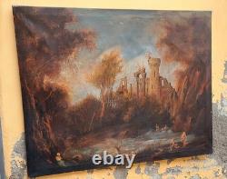 Old Oil Painting on Canvas Landscape with Ruins and Figures 121x98 cm