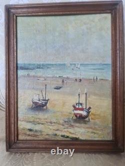 Old Oil Painting on Canvas Marine, BOATS Characters Signed on the Left