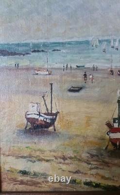 Old Oil Painting on Canvas Marine, BOATS Characters Signed on the Left