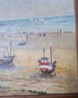 Old Oil Painting on Canvas Marine, BOATS Characters Signed on the Left