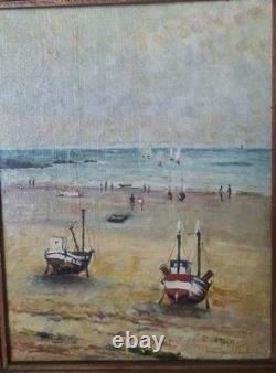 Old Oil Painting on Canvas Marine, BOATS Characters Signed on the Left