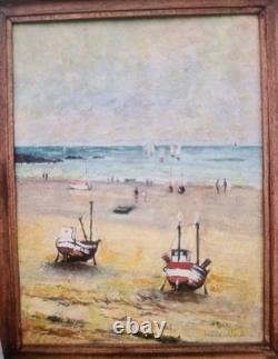 Old Oil Painting on Canvas Marine, BOATS Characters Signed on the Left