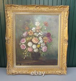 Old Oil Painting on Canvas Still Life Flower Bouquet Signed M. Reheiser