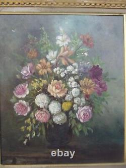 Old Oil Painting on Canvas Still Life Flower Bouquet Signed M. Reheiser