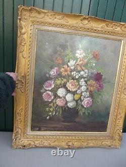 Old Oil Painting on Canvas Still Life Flower Bouquet Signed M. Reheiser