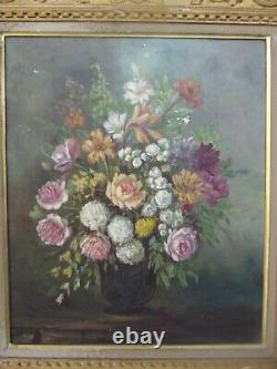 Old Oil Painting on Canvas Still Life Flower Bouquet Signed M. Reheiser