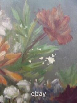 Old Oil Painting on Canvas Still Life Flower Bouquet Signed M. Reheiser