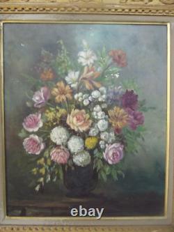 Old Oil Painting on Canvas Still Life Flower Bouquet signed M. Reheiser