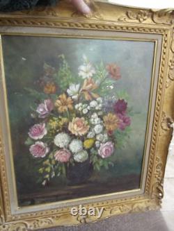 Old Oil Painting on Canvas Still Life Flower Bouquet signed M. Reheiser