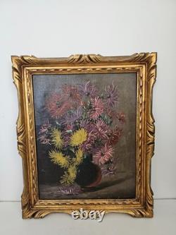 Old Oil Painting on Canvas Still Life with Bouquet Signed M. G.