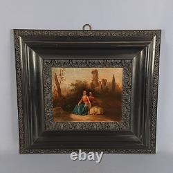 Old Oil Painting on Canvas of Girls with Goat Landscape Castle 18th Century