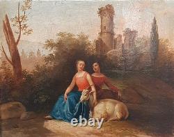 Old Oil Painting on Canvas of Girls with Goat Landscape Castle 18th Century