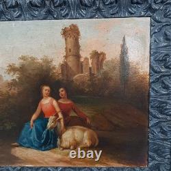 Old Oil Painting on Canvas of Girls with Goat Landscape Castle 18th Century