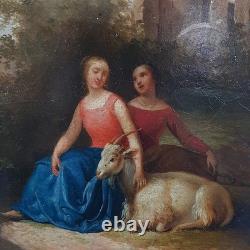 Old Oil Painting on Canvas of Girls with Goat Landscape Castle 18th Century