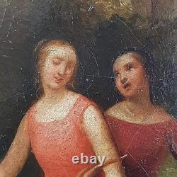 Old Oil Painting on Canvas of Girls with Goat Landscape Castle 18th Century